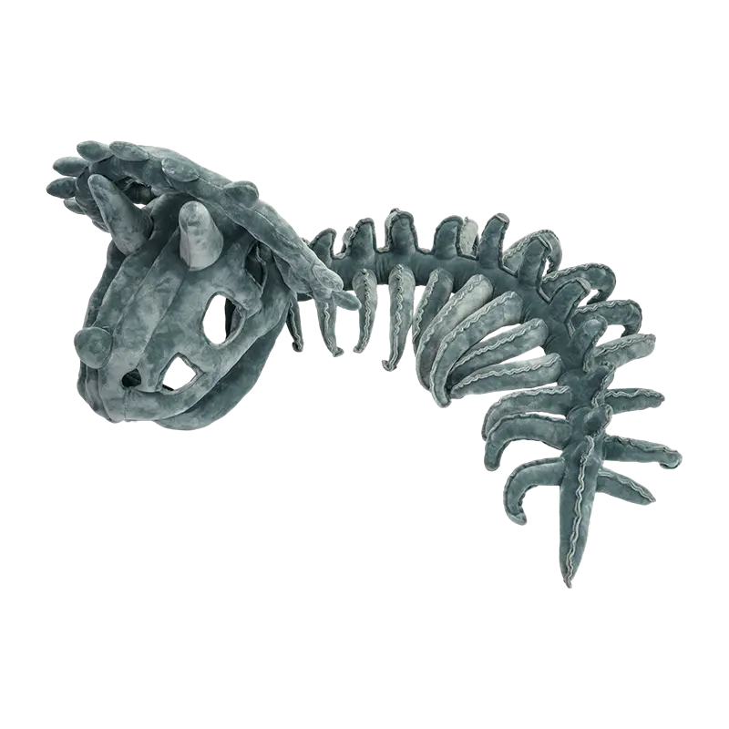 Mørkegrå plyshat med dinosaurskelet i voksenstørrelse